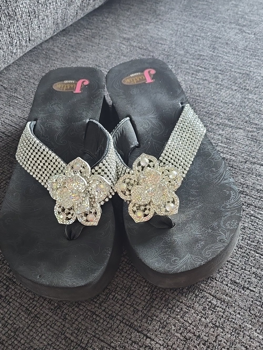 Justin Boots Black Sandal Wedges with Crystal Flower Accents